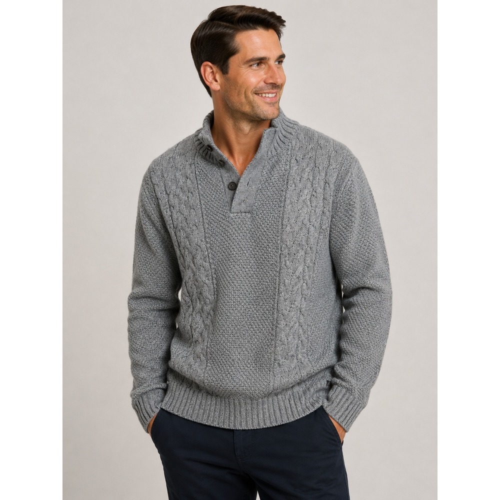 H2H Mens Cable Knit Mock Neck Sweater Gray Quarter Button Pullover 2XL